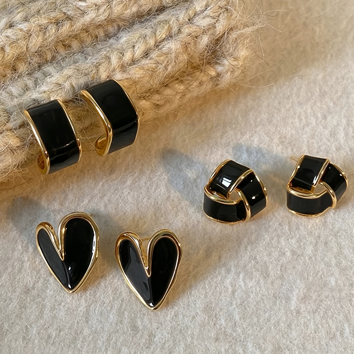3 Pairs French Retro Geometric Heart Stud Earrings Set